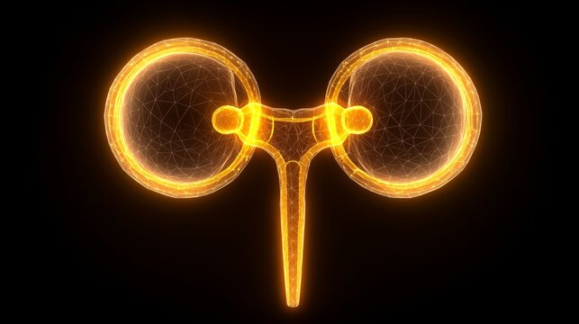 Human kidney organs showing glowing wireframe structure and internal network for medical concepts
