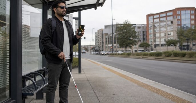 Traveler with low vision uses a white mobility cane and high contrast smartphone navigation while waiting safely at a city bus stop