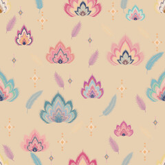 Ikat-Inspired Botanical Seamless Pattern – Painterly Floral and Feather Motifs Collection No.006  © Lhing
