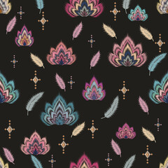 Ikat-Inspired Botanical Seamless Pattern – Painterly Floral and Feather Motifs Collection No.006  © Lhing