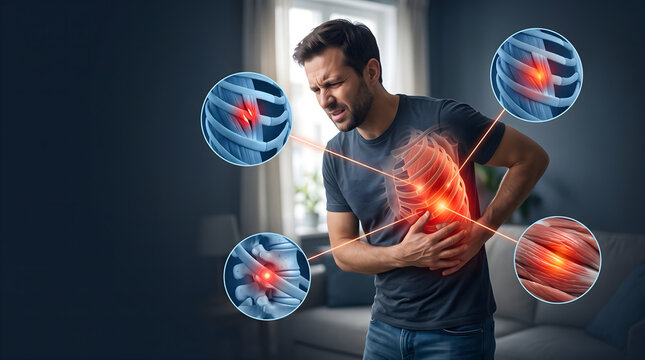 Man suffering from chest and rib cage pain
