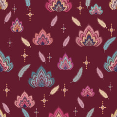 Ikat-Inspired Botanical Seamless Pattern – Painterly Floral and Feather Motifs Collection No.006  © Lhing