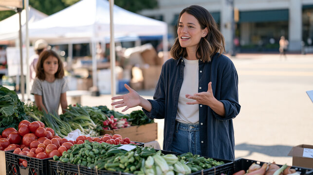 Weather presenter rehearses her forecast gestures at a vibrant outdoor produce market, a small girl watching from behind a vegetable stall as the presenter's hands trace isobars