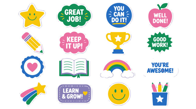 Digital Stickers for Students with Educational Phrases and Colorful Classroom Icons
