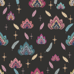 Ikat-Inspired Botanical Seamless Pattern – Painterly Floral and Feather Motifs Collection No.006  © Lhing