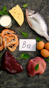 Foods that contain vitamin B12. Selective focus.