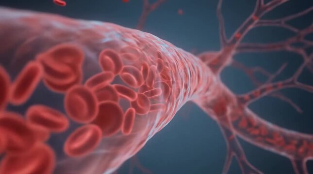 Red blood cells flowing through a blood vessel