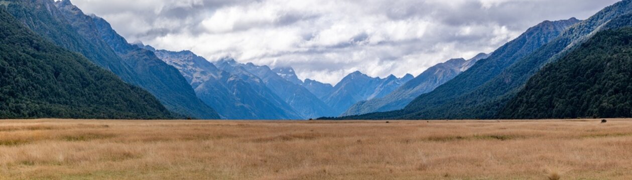 Panoramablick auf das Eglinton Valley mit Tussock-Gras und Bergen im Fiordland-Nationalpark Neuseeland