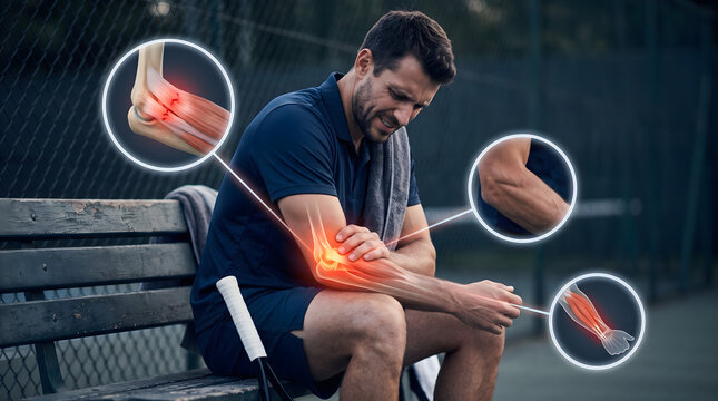 Man suffering from tennis elbow injury on sports court