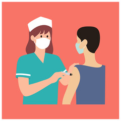 Fototapeta premium Healthcare worker administering a vaccination to a patient flat vector illustration