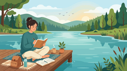 Fototapeta premium Man in blue shirt paddling wooden canoe on calm lake.
