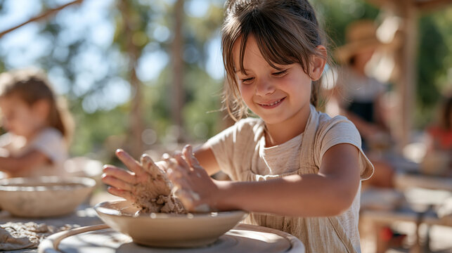 Child presses both palms deep into wet clay at an outdoor kids pottery class, the single lopsided bowl rising unevenly against a backdrop of oak trees and dappled sunlight with no