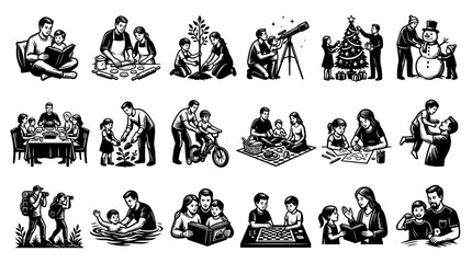 Fototapeta premium Family Life and Parenting Black and White Line Art Vector Illustrations Set with Diverse Activities