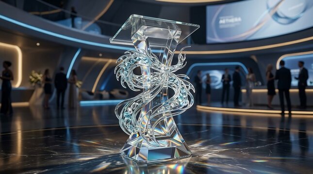 Modern abstract crystal award trophy on stage with blurred audience