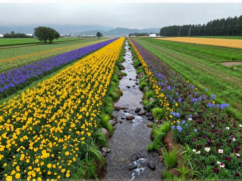 Aerial Valley Stream Flower Hills Misty Dawn Furano