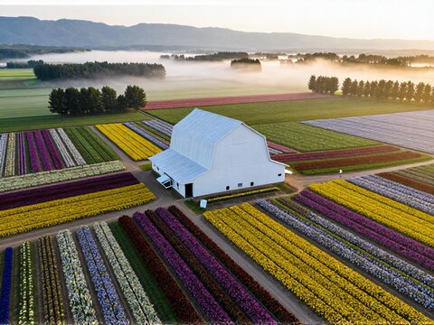 Aerial White Farm Barn Amid Flower Hills Furano