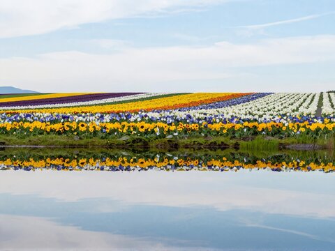 Calm Mirror Farm Pond Flower Reflection Furano Noon