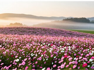 Fototapeta premium Full Cosmos Hill Misty Dawn Furano Hokkaido