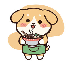 Cute Cartoon Dog Eating Delicious Hot Ramen Noodles from a Bowl