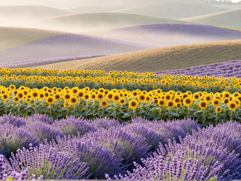 Lavender And Sunflower Border Morning Mist Furano
