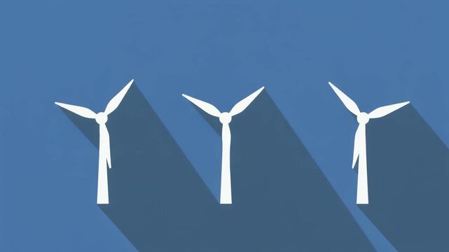 White wind turbine icons are arranged in a row against a solid blue background.