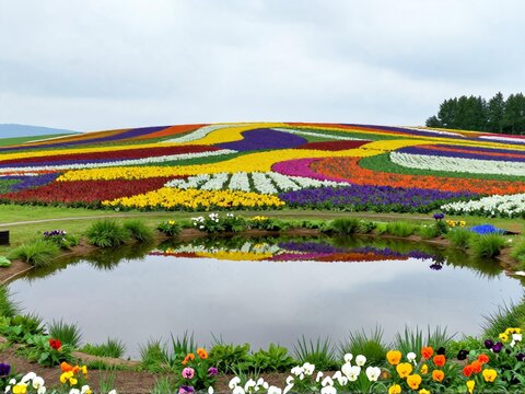 Small Mirror Pond Amid Patchwork Flower Furano