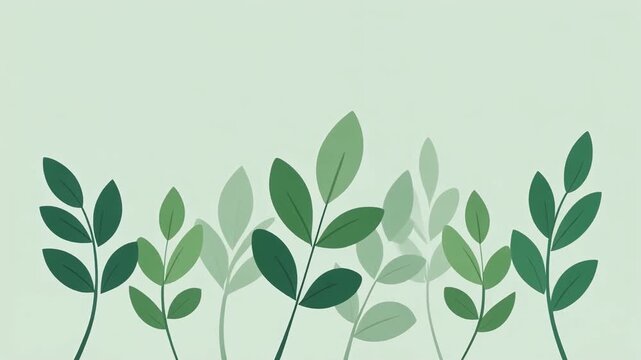 A minimalist graphic illustration features stylized green leaves against a pale background.