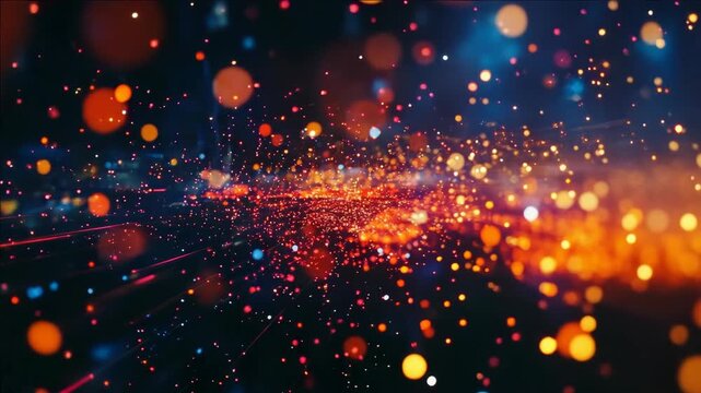 A vibrant explosion of colorful dots in the darkness creates a galaxy-like effect.
