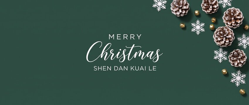 Christmas background banner flat lay with frosted pinecones snowflakes gold bells on dark green table surface festive holiday greeting text shen dan kuai le with copy space for web header card
