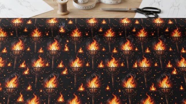 Halloween fabric with flaming torch pattern on a sewing table for costumes, themed crafts and dramatic textile products.