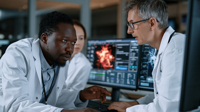 Software engineer and medical physicist collaborating over a glowing simulation model of a patient-specific cardiac digital twin, organ behavior prediction data streaming across