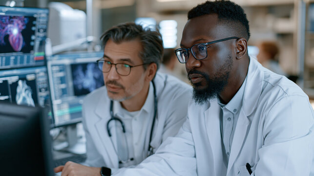 Software engineer and medical physicist collaborating over a glowing simulation model of a patient-specific cardiac digital twin, organ behavior prediction data streaming across