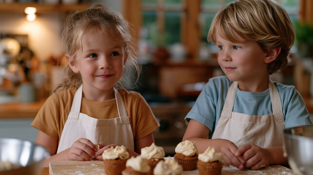 Twin siblings in a home kitchen surrounded by flour clouds and lopsided cupcakes, frosting everywhere, giggling at their baking disaster, modest home setting, September weekend