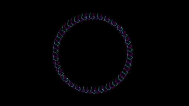 Rotating neon circle ring animation with glowing purple and cyan light patterns in motion video clip