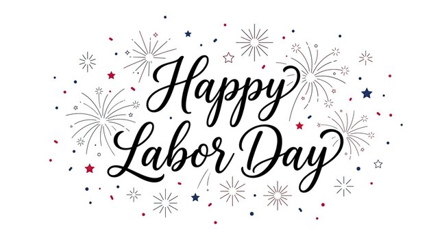 Elegant hand lettered happy labor day greeting card design featuring decorative doodles on a clean white background