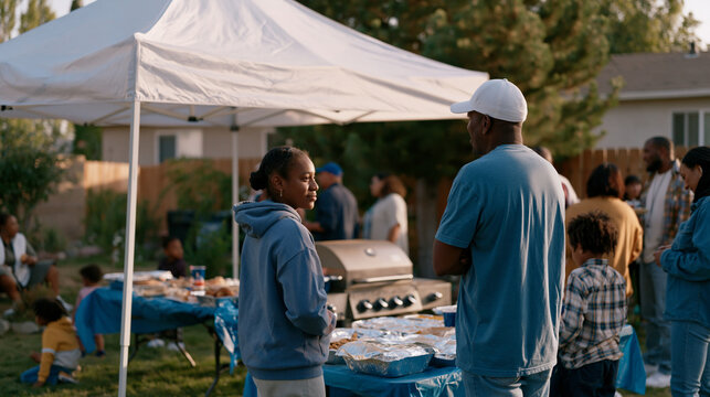 Labor Day neighborhood cookout in a modest backyard, multigenerational family and neighbors gather around a gas grill, folding tables covered with covered dishes, children playing
