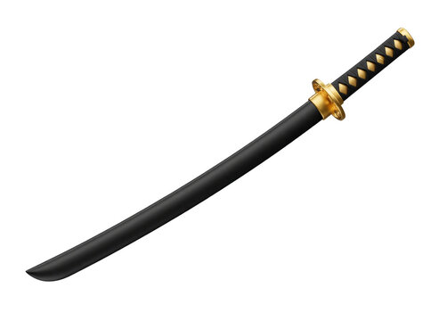 Traditional Japanese black and gold katana sword in scabbard, isolated on a transparent background