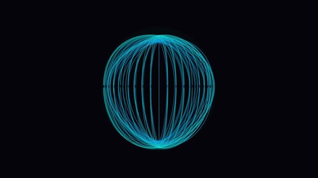 Rotating neon blue spherical wireframe structure creating hypnotic digital motion graphics in this seamless looping video