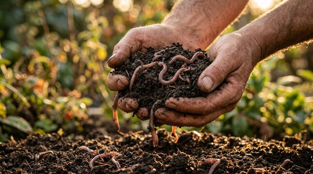 Hands examining organic compost and earthworms in a garden soil setting.