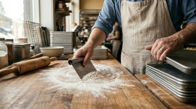 Baker preparing dough on a flour-dusted workboard with baking sheets and a rolling pin.