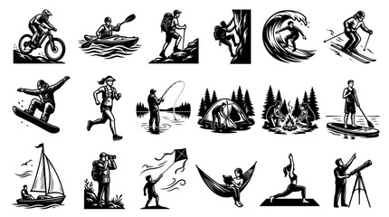 Fototapeta premium Outdoor Adventure Activities Black and White Vector Illustrations Collection. Lifestyle, Sports Recreation Icons Set.