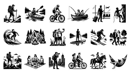 Naklejka premium Black and White Line Art Icons of People Enjoying Outdoor Activities and Travel