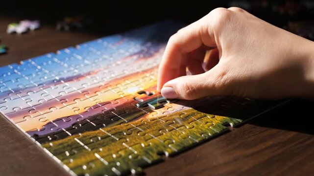 A person placing a final piece into a landscape jigsaw puzzle
