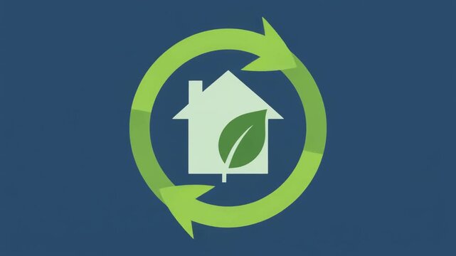 A green circular arrow symbol surrounds a house icon with a leaf on a blue background.