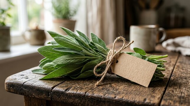 Rustic kitchen scene featuring a sage herb bundle tied with twine and a kraft gift tag.