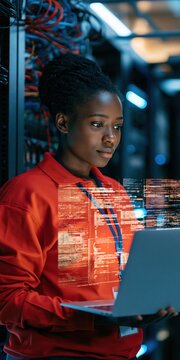 Young woman it specialist using laptop in a data center background for network monitoring and cybersecurity poster design