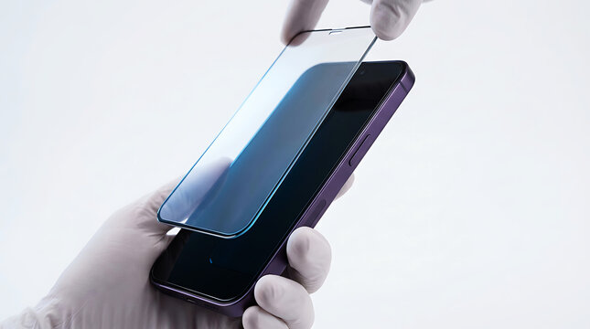 Applying screen protector to smartphone, close-up view