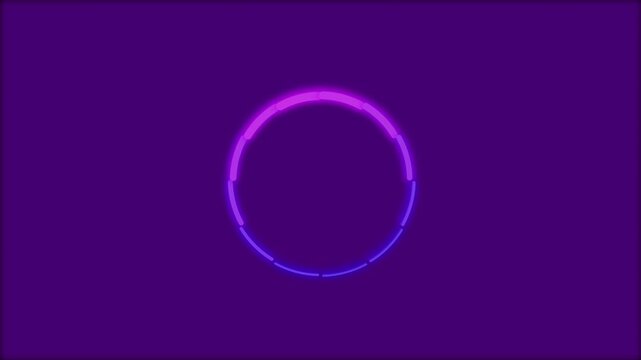 Neon circular loading animation glowing with vibrant pink and blue colors in digital video footage