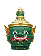 Fototapeta premium Green Thai giant yaksha demon mask with golden crown, isolated on a transparent background