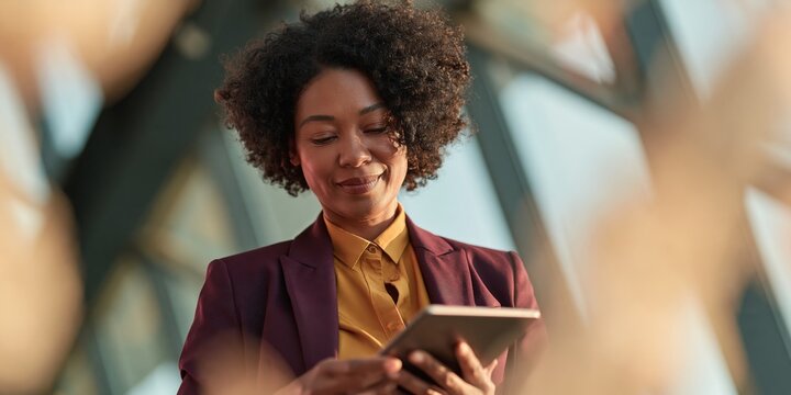 Smiling businesswoman using tablet in modern office with warm natural light for corporate background and digital workflow and remote work design